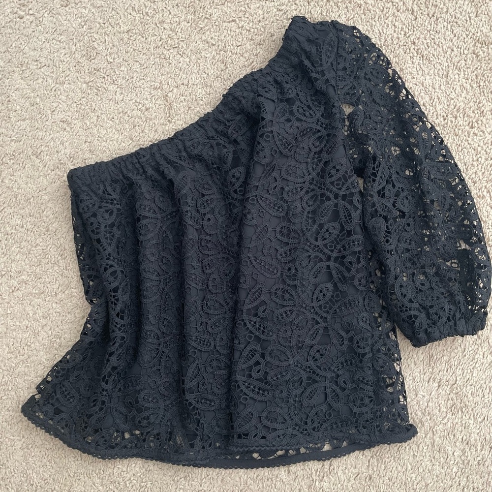 Rebecca Minkoff Black Lace Asymmetric one shoulder Blouse